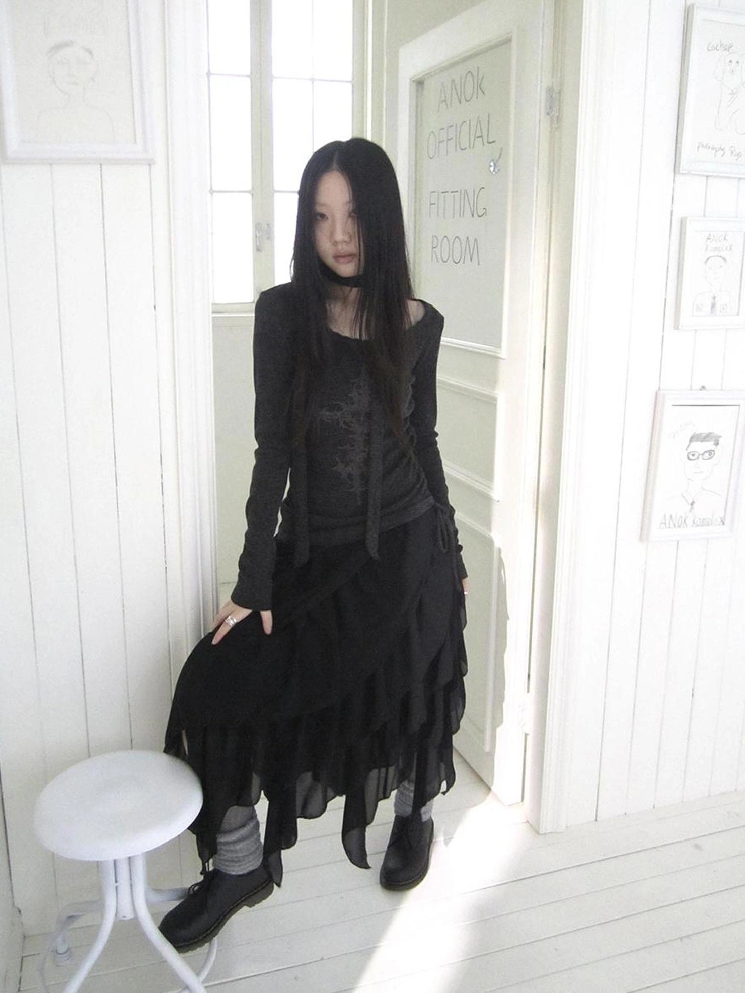 ang project Vintage Ruffle Tie Dye Long Sleeve Tee With Scarf T-shirt