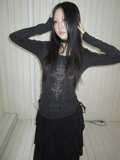 ang project Vintage Ruffle Tie Dye Long Sleeve Tee With Scarf T-shirt