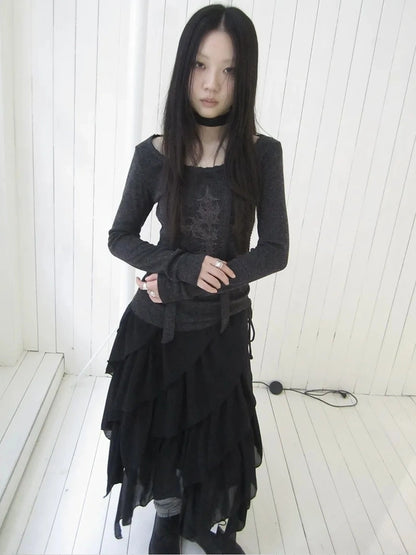 ang project Vintage Ruffle Tie Dye Long Sleeve Tee With Scarf T-shirt