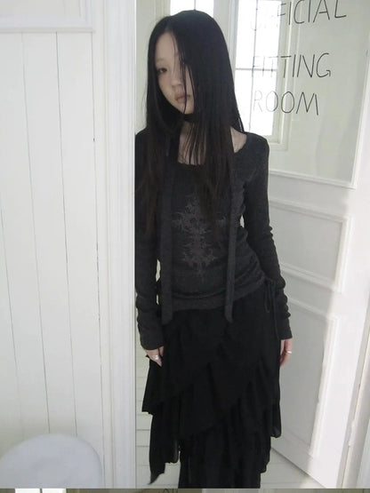 ang project Vintage Ruffle Tie Dye Long Sleeve Tee With Scarf T-shirt