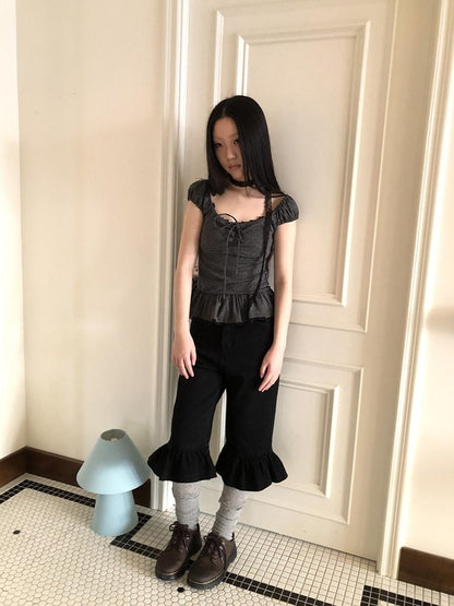 ang project Vintage Ruffle Trim High Waist Slim Cropped Flare Women&