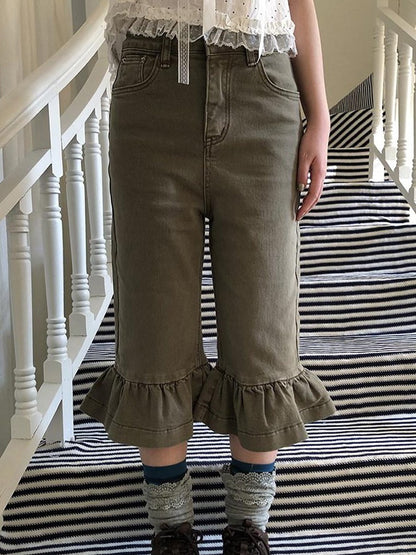 ang project Vintage Ruffle Trim High Waist Slim Cropped Flare Women&