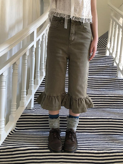 ang project Vintage Ruffle Trim High Waist Slim Cropped Flare Women&