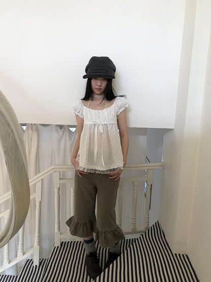 ang project Vintage Ruffle Trim High Waist Slim Cropped Flare Women&