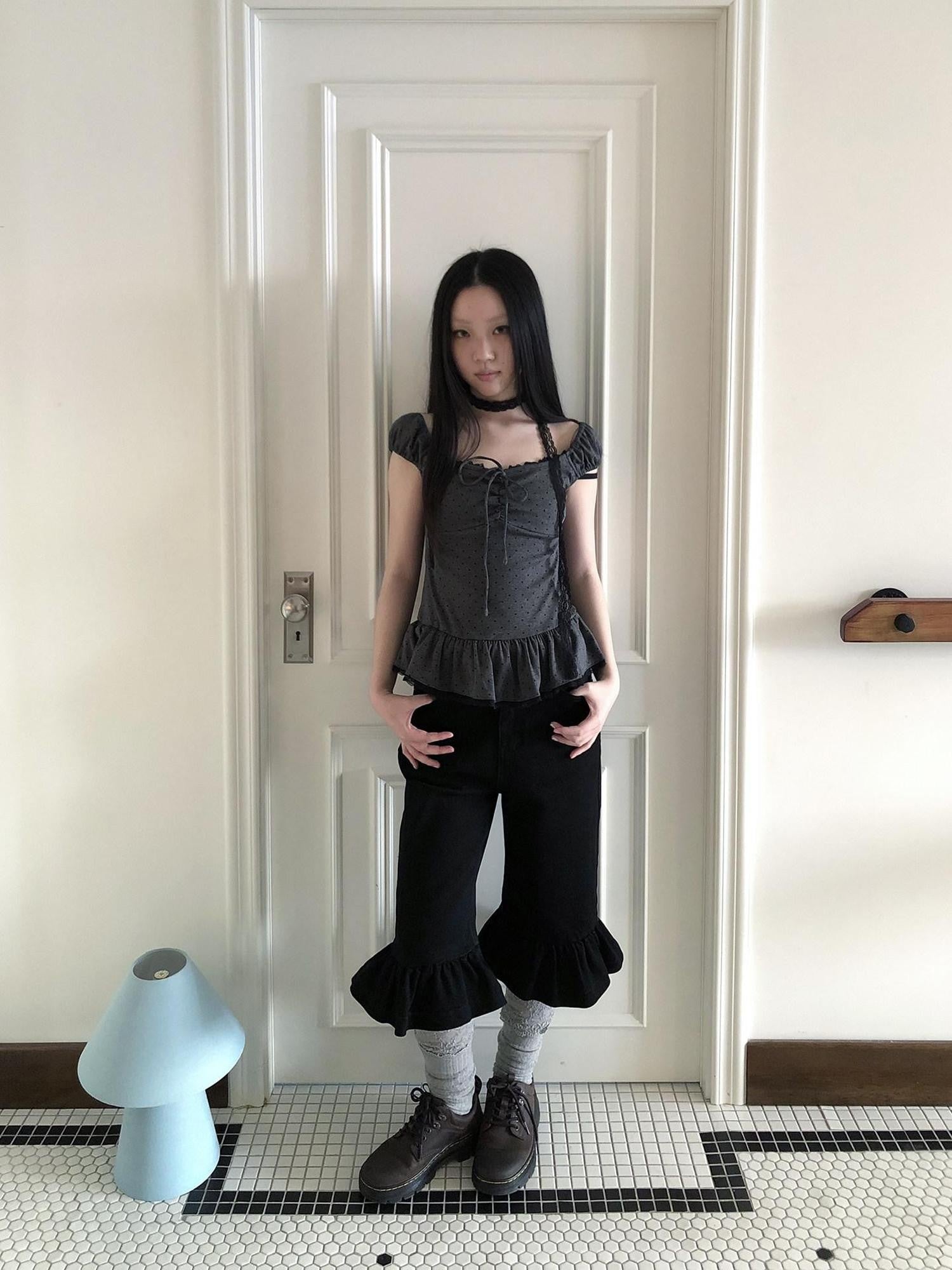 ang project Vintage Ruffle Trim High Waist Slim Cropped Flare Women&