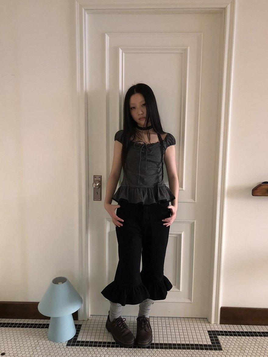 ang project Vintage Ruffle Trim High Waist Slim Cropped Flare Women&
