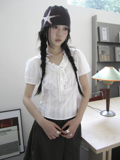 Vintage Ruffled Waist Defining Short Sleeve Blouse