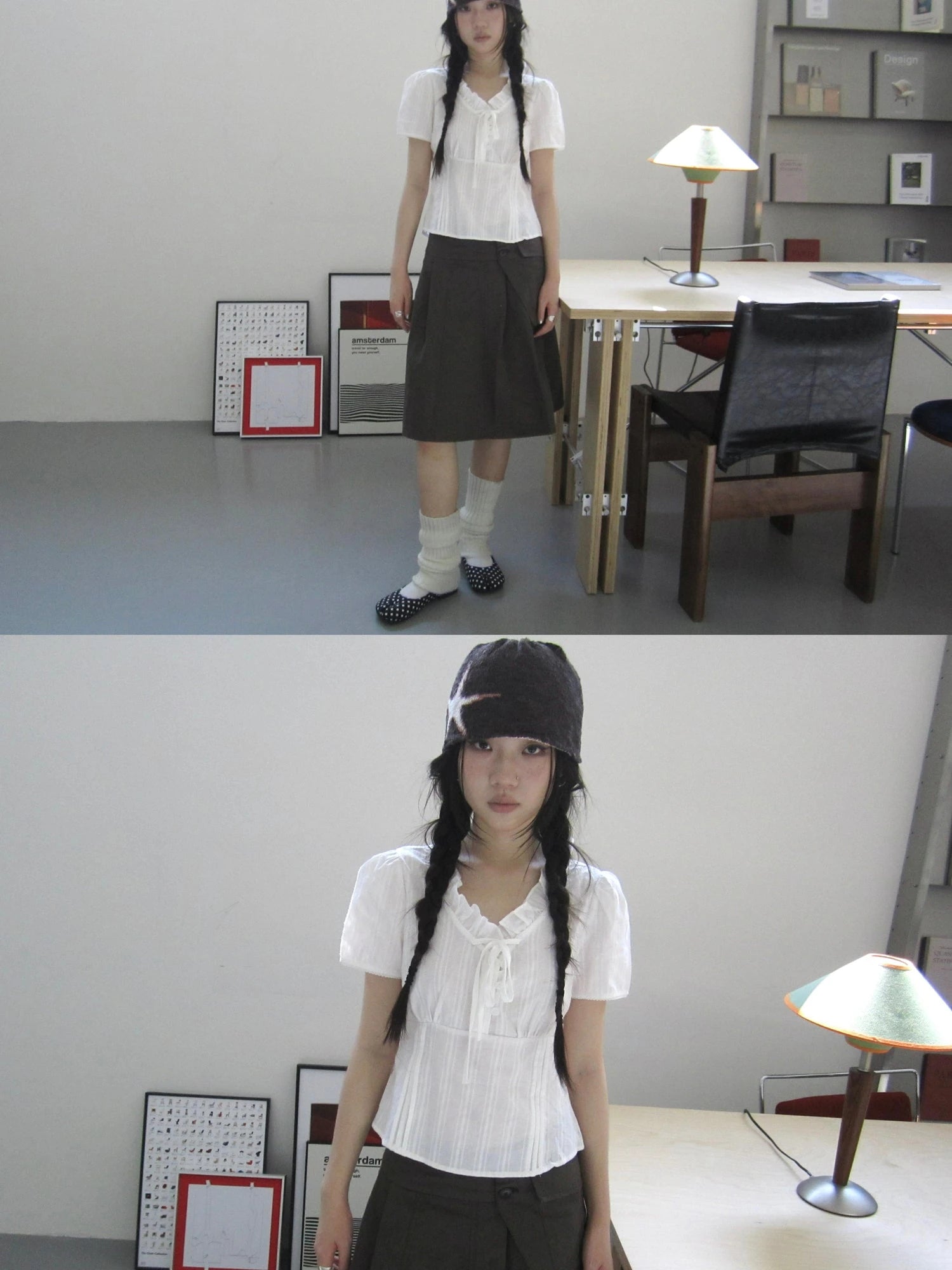 Vintage Ruffled Waist Defining Short Sleeve Blouse