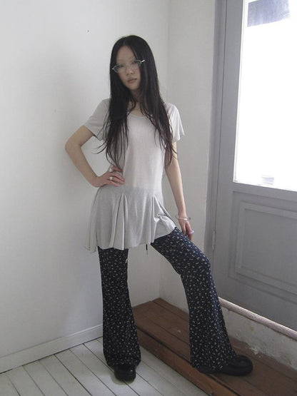 Updateang project Vintage Sheer Floral Hem V Neck T Shirt Long Sleeve