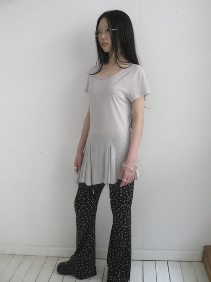 Updateang project Vintage Sheer Floral Hem V Neck T Shirt Long Sleeve