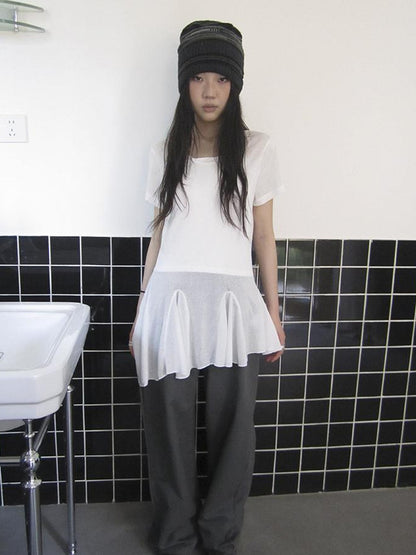 Updateang project Vintage Sheer Floral Hem V Neck T Shirt Long Sleeve