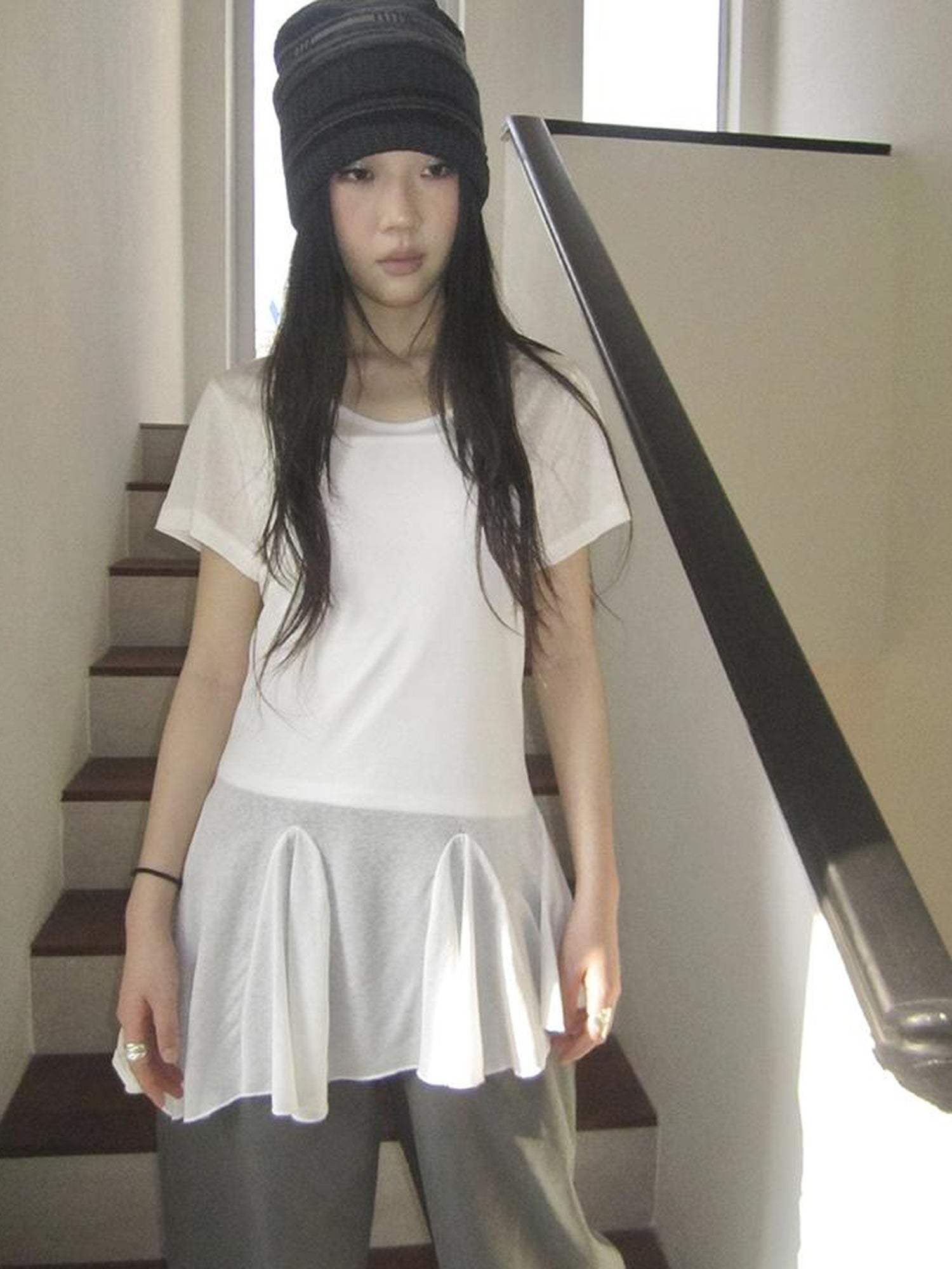 Updateang project Vintage Sheer Floral Hem V Neck T Shirt Long Sleeve