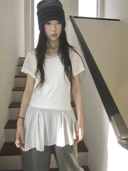 Updateang project Vintage Sheer Floral Hem V Neck T Shirt Long Sleeve