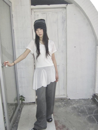 Updateang project Vintage Sheer Floral Hem V Neck T Shirt Long Sleeve