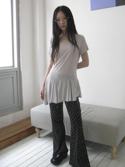 Updateang project Vintage Sheer Floral Hem V Neck T Shirt Long Sleeve