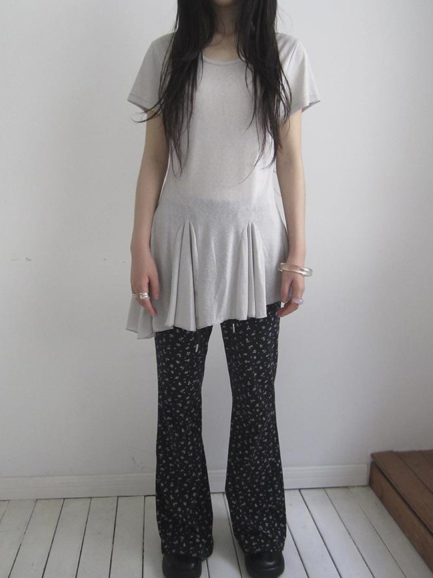 Updateang project Vintage Sheer Floral Hem V Neck T Shirt Long Sleeve