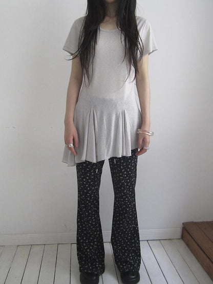 Updateang project Vintage Sheer Floral Hem V Neck T Shirt Long Sleeve
