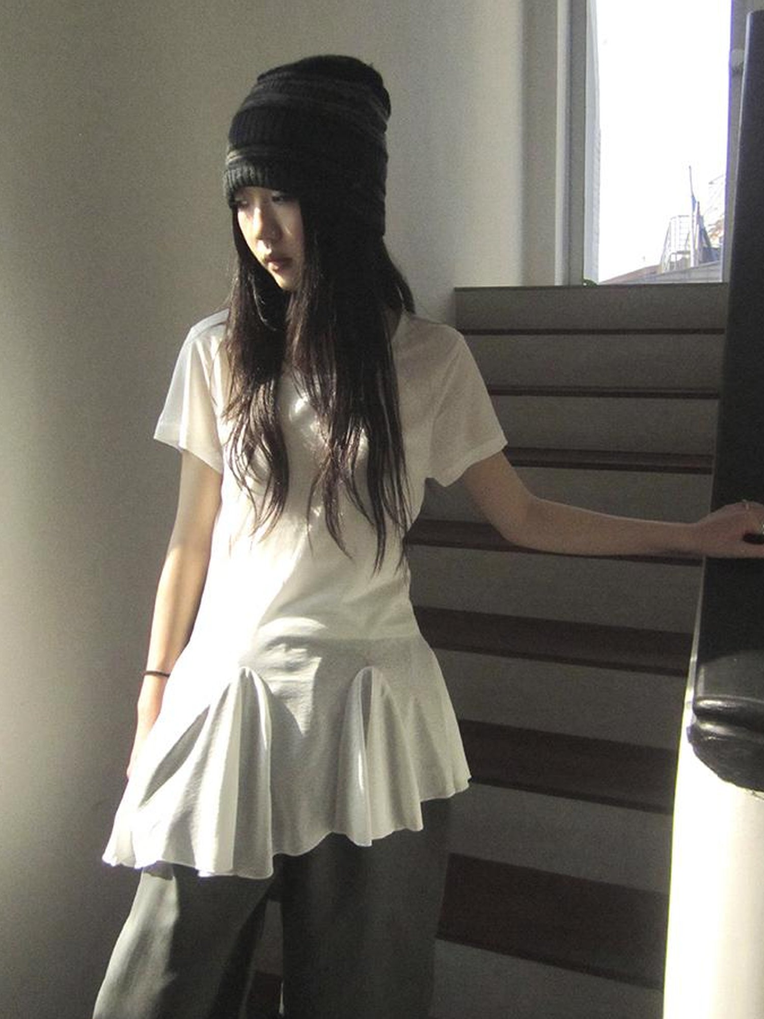 Updateang project Vintage Sheer Floral Hem V Neck T Shirt Long Sleeve
