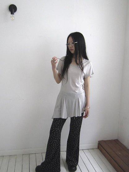 Updateang project Vintage Sheer Floral Hem V Neck T Shirt Long Sleeve
