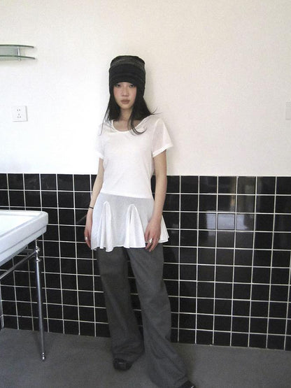 Updateang project Vintage Sheer Floral Hem V Neck T Shirt Long Sleeve