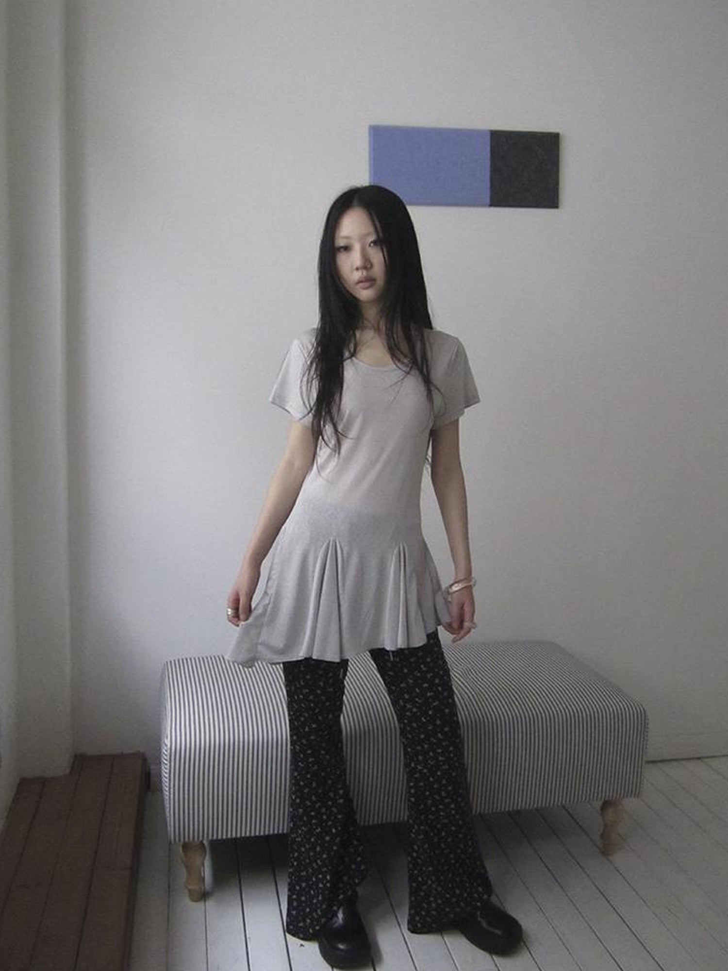Updateang project Vintage Sheer Floral Hem V Neck T Shirt Long Sleeve