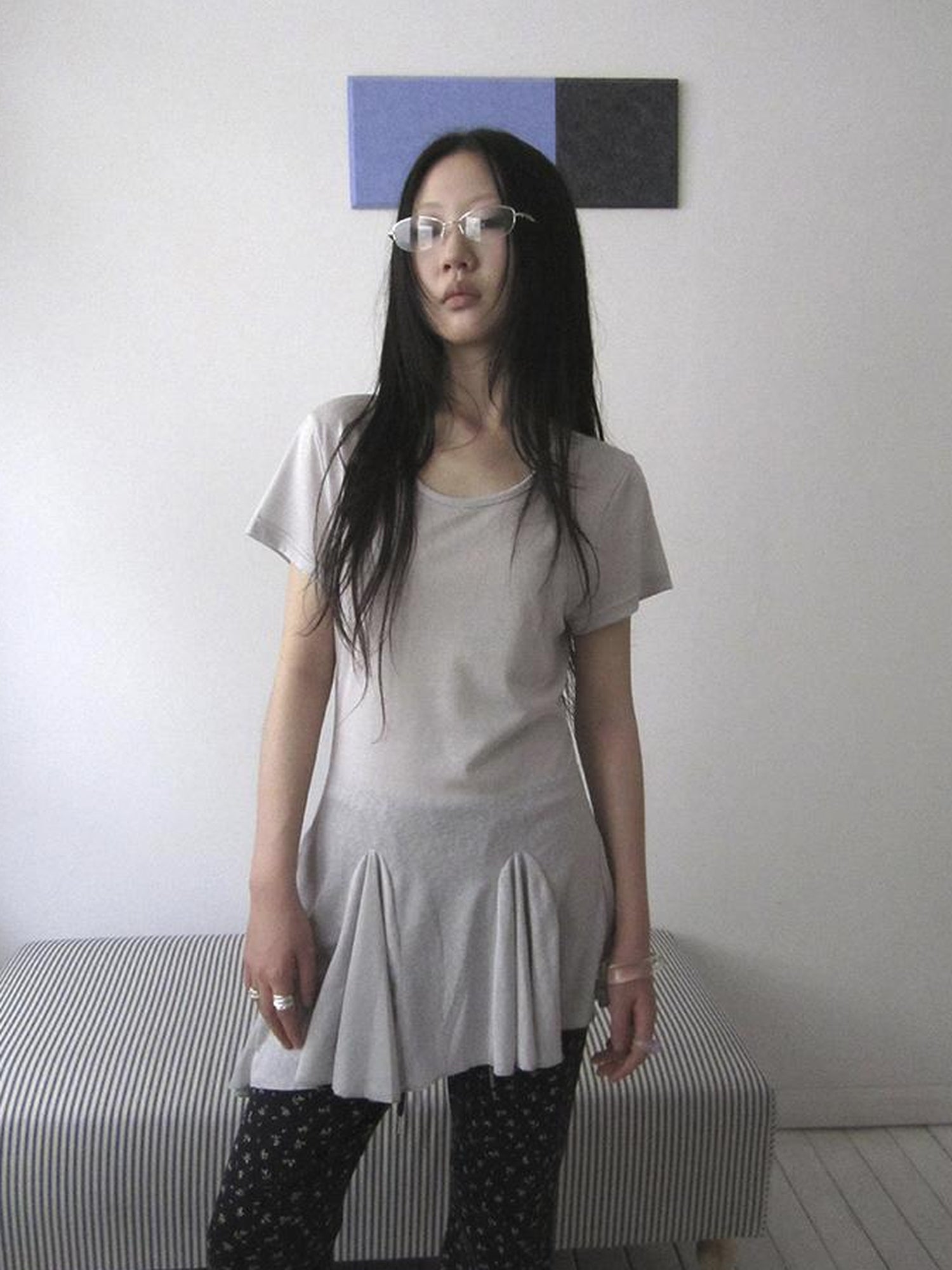 Updateang project Vintage Sheer Floral Hem V Neck T Shirt Long Sleeve