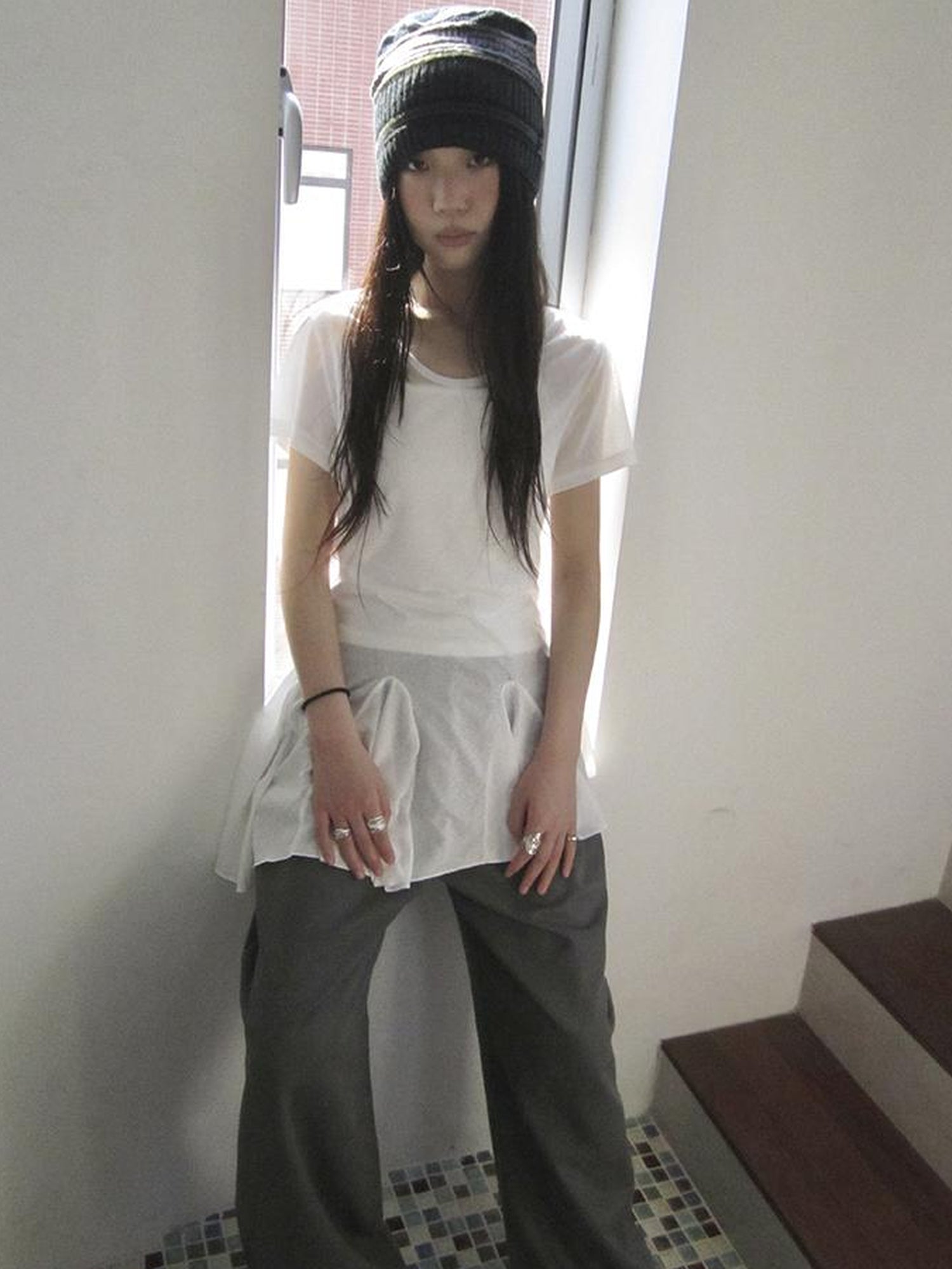 Updateang project Vintage Sheer Floral Hem V Neck T Shirt Long Sleeve