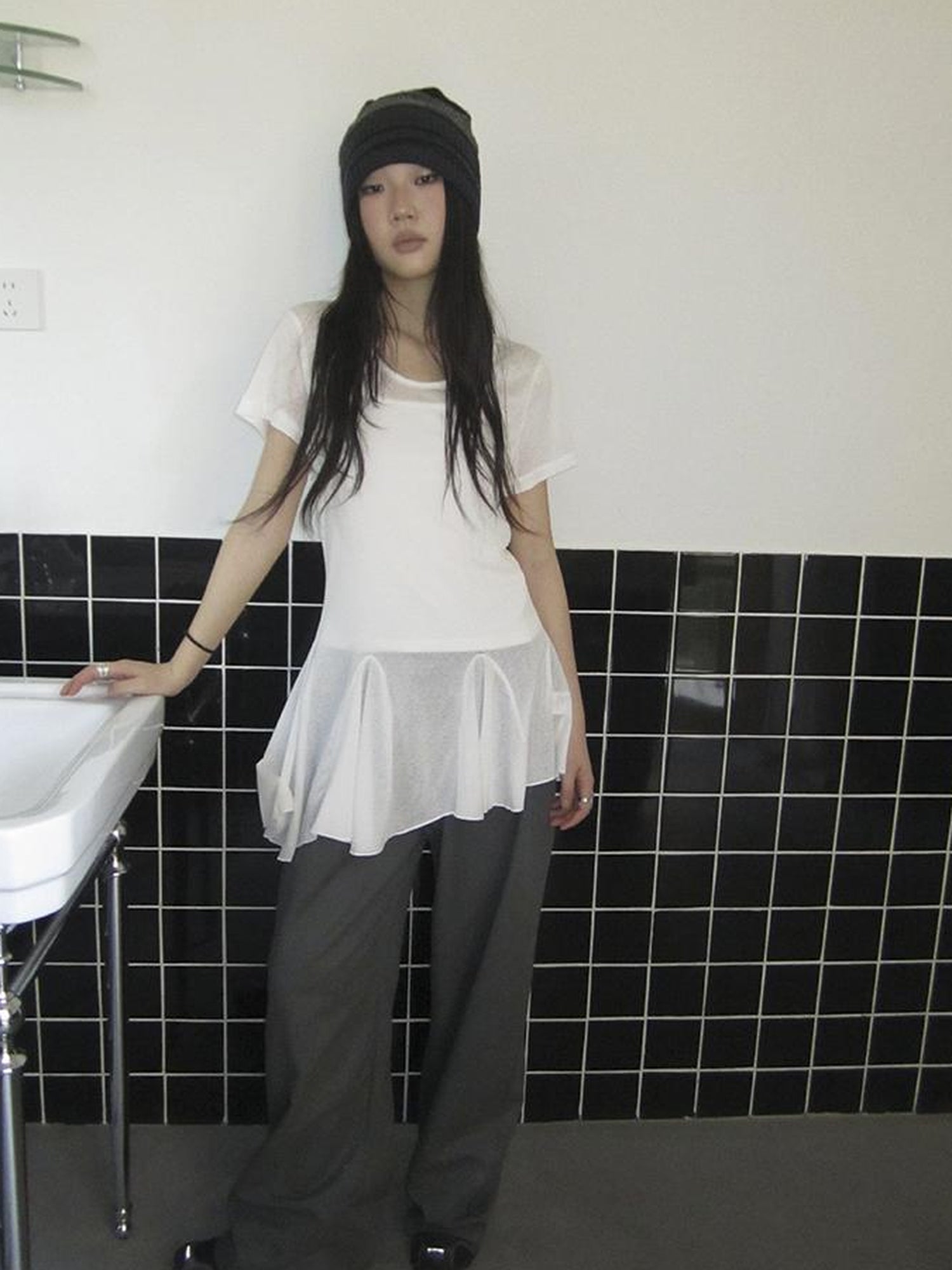 Updateang project Vintage Sheer Floral Hem V Neck T Shirt Long Sleeve