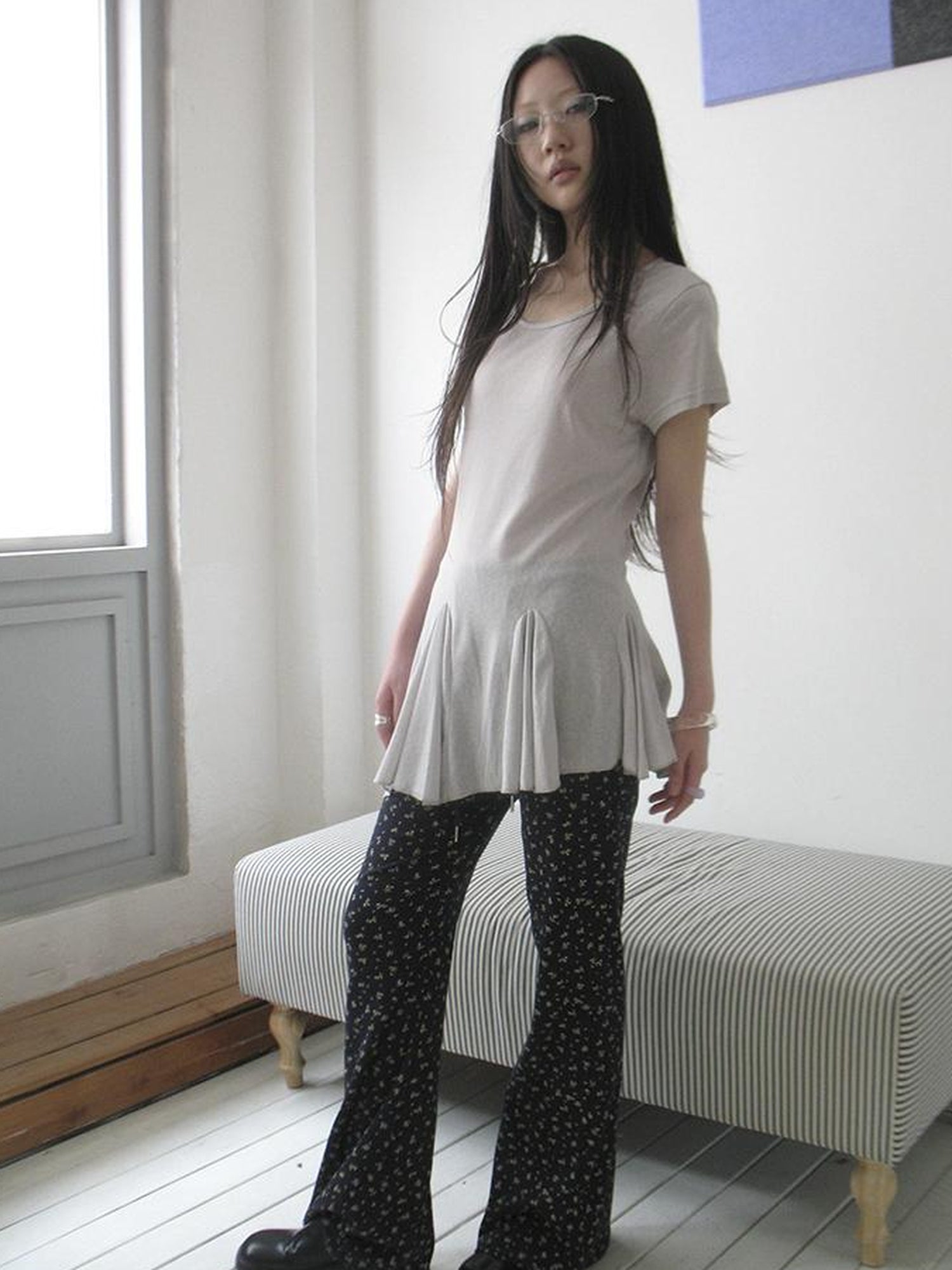 Updateang project Vintage Sheer Floral Hem V Neck T Shirt Long Sleeve