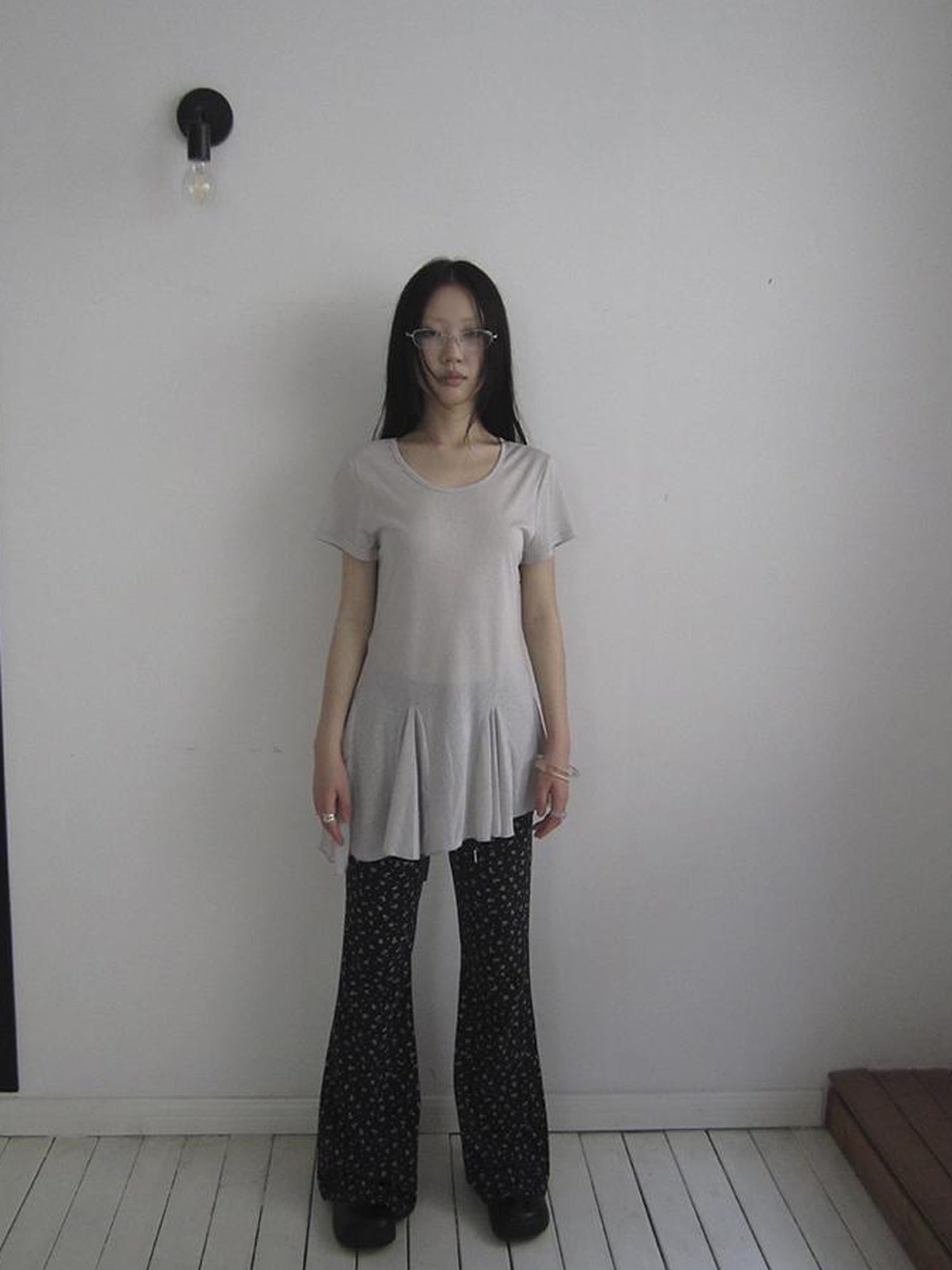 Updateang project Vintage Sheer Floral Hem V Neck T Shirt Long Sleeve
