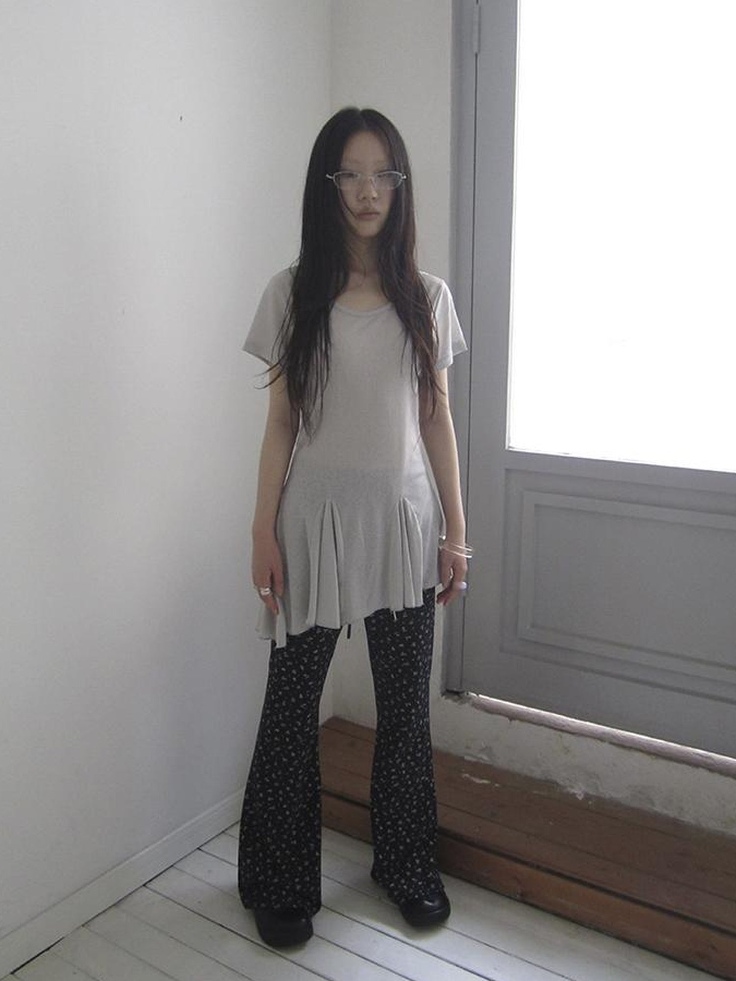 Updateang project Vintage Sheer Floral Hem V Neck T Shirt Long Sleeve