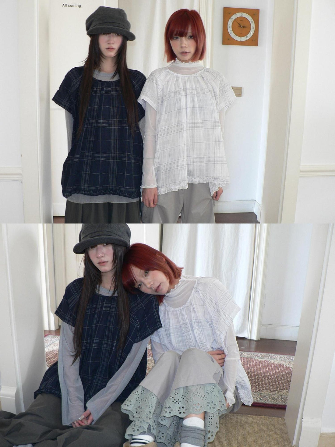 ang project Vintage Sheer Plaid Flutter Short Sleeve Crewneck Loose Fit Women&