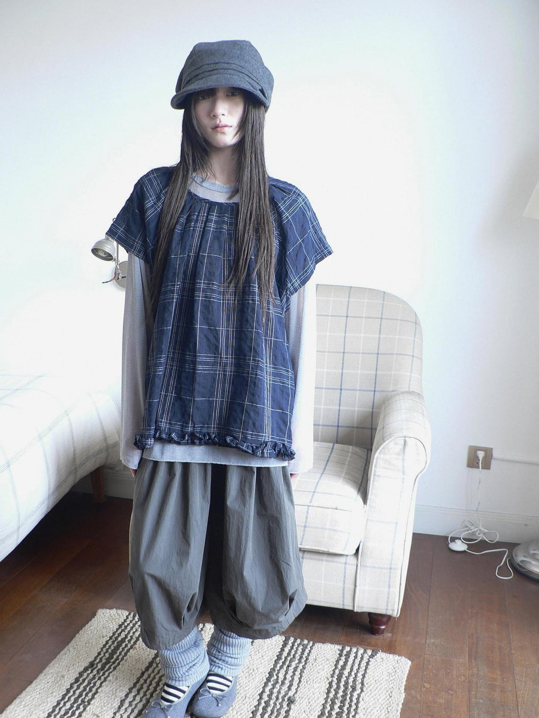 ang project Vintage Sheer Plaid Flutter Short Sleeve Crewneck Loose Fit Women&