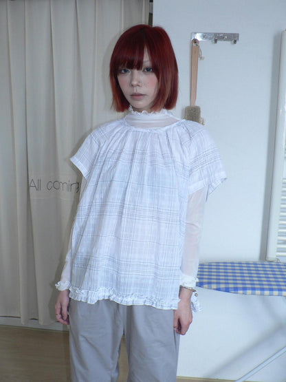 ang project Vintage Sheer Plaid Flutter Short Sleeve Crewneck Loose Fit Women&