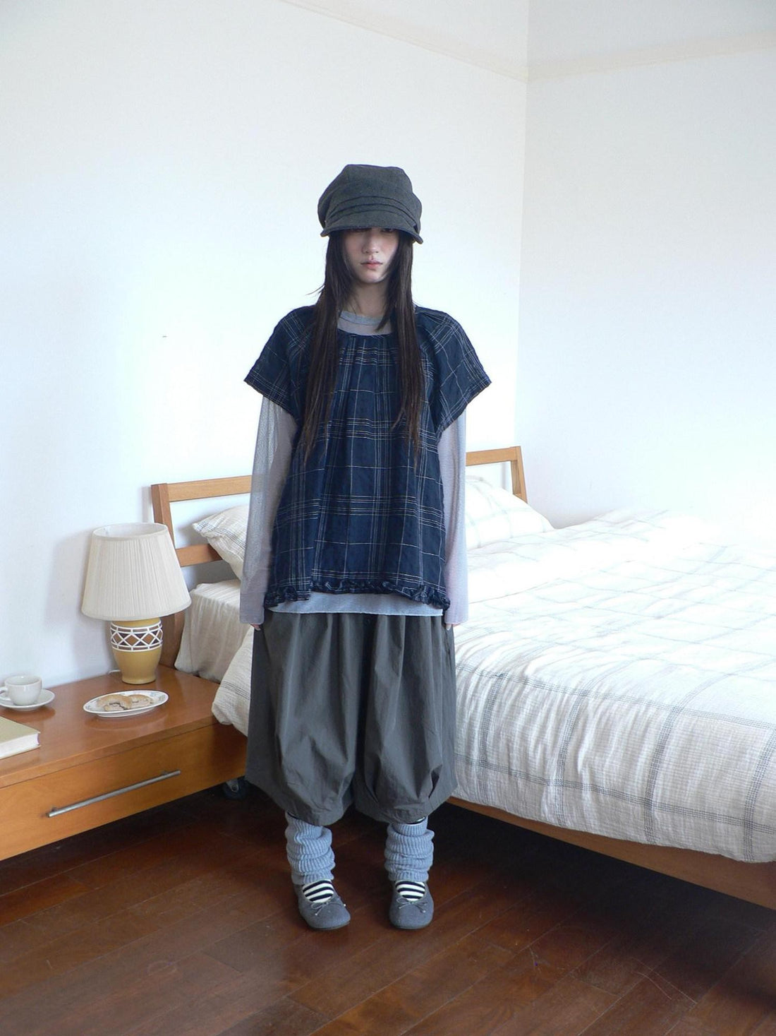 ang project Vintage Sheer Plaid Flutter Short Sleeve Crewneck Loose Fit Women&