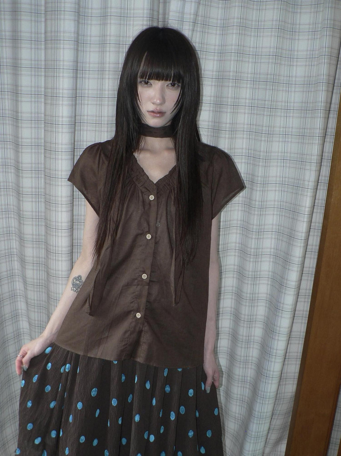 ang project Vintage Sheer Ruffle V-neck Button Front Loose Short Sleeve Women&