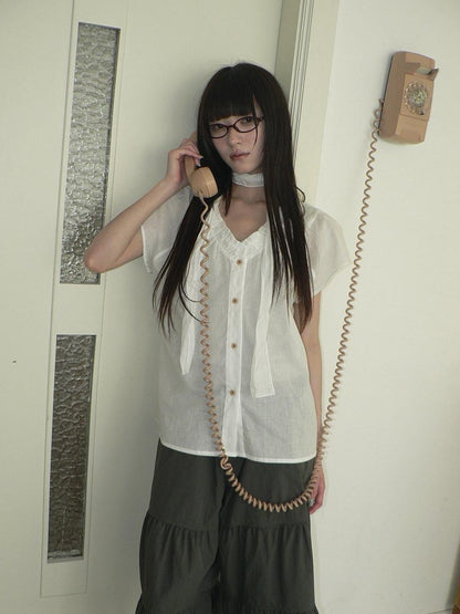 ang project Vintage Sheer Ruffle V-neck Button Front Loose Short Sleeve Women&