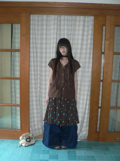 ang project Vintage Sheer Ruffle V-neck Button Front Loose Short Sleeve Women&