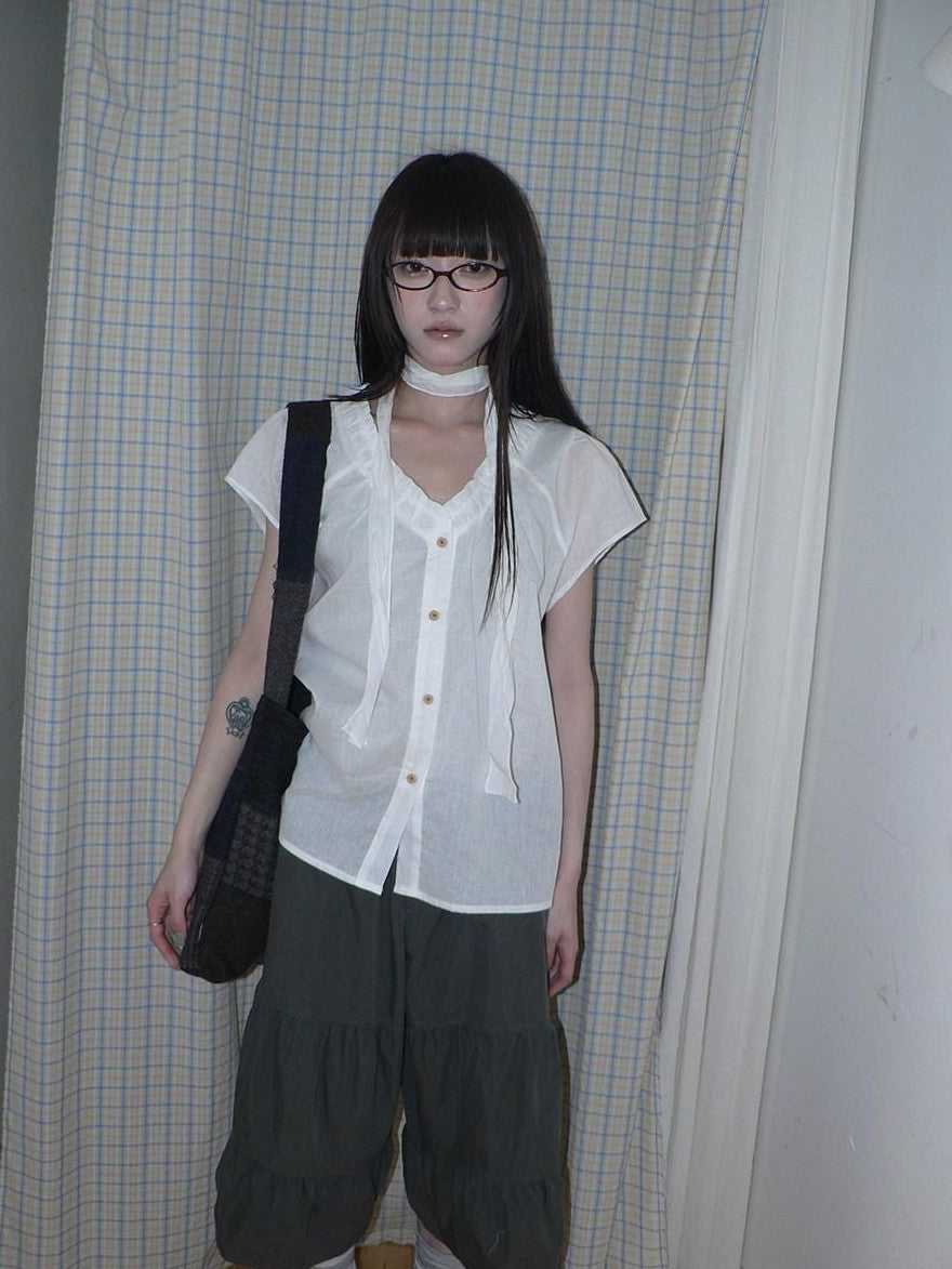 ang project Vintage Sheer Ruffle V-neck Button Front Loose Short Sleeve Women&