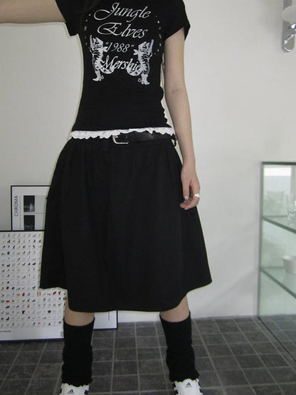 Vintage Solid A Line Skirt with Belt