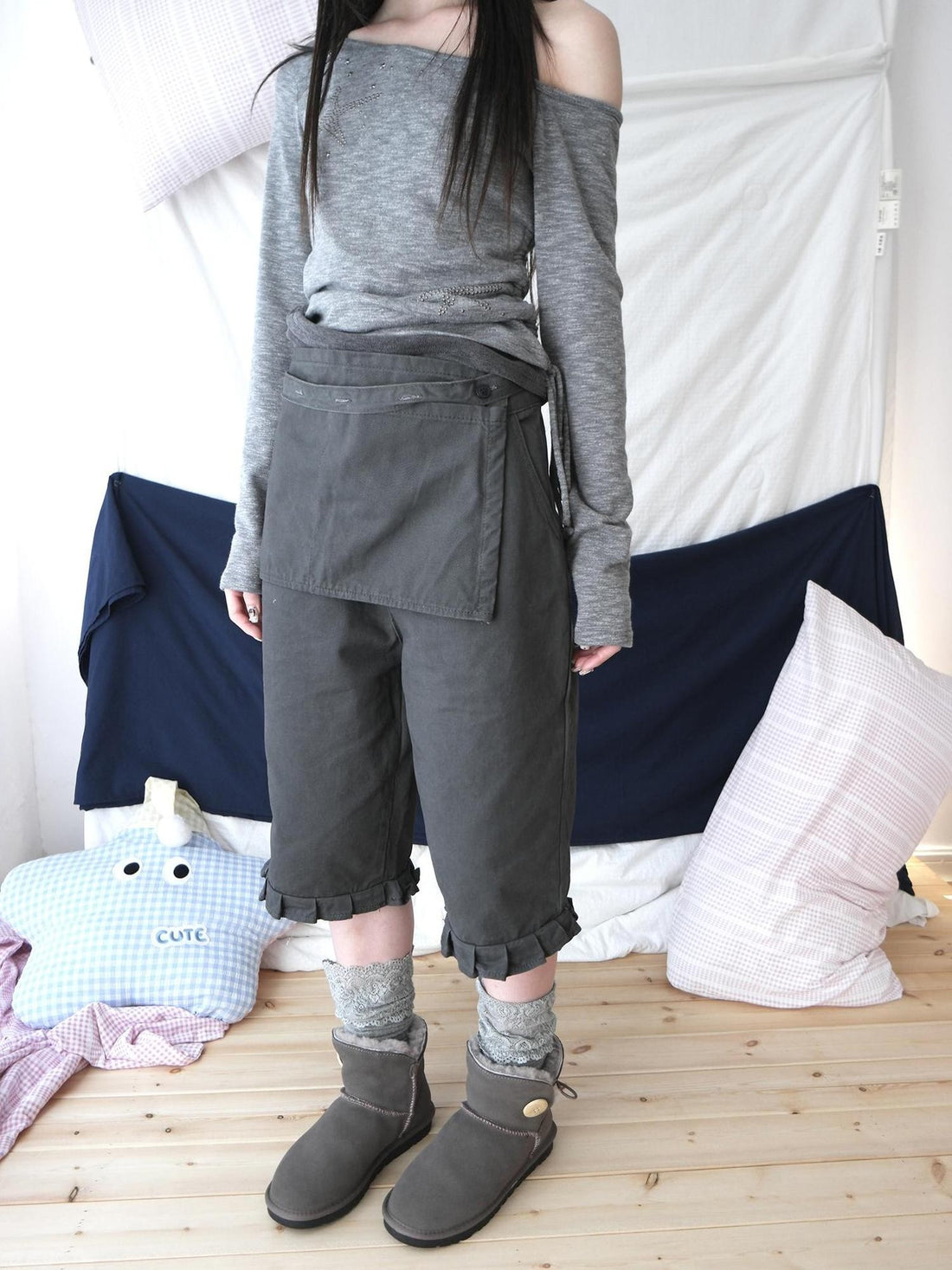 ang project Vintage Solid Color Ruffle Straight Leg Women&
