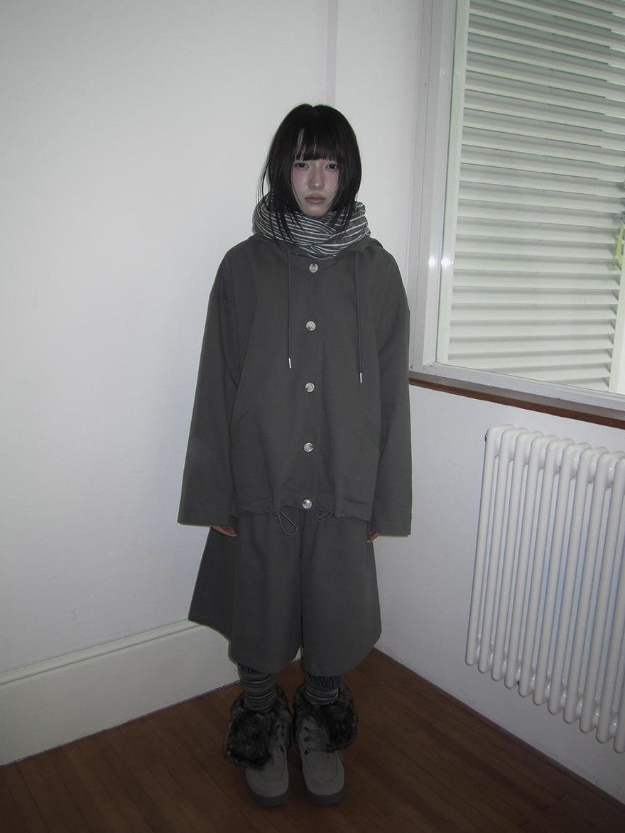 ang project Vintage Solid Hooded Button Drawstring Loose Women&