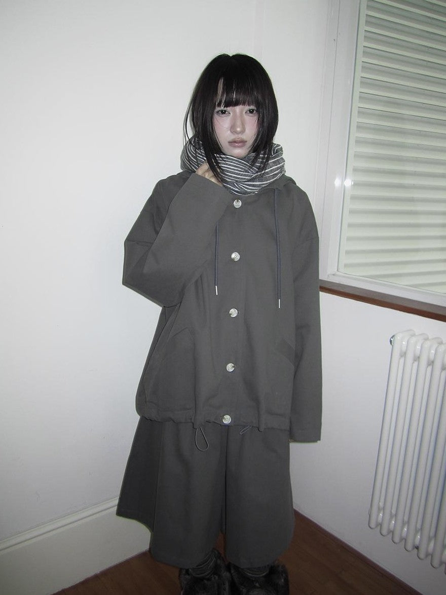 ang project Vintage Solid Hooded Button Drawstring Loose Women&