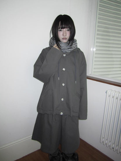 ang project Vintage Solid Hooded Button Drawstring Loose Women&