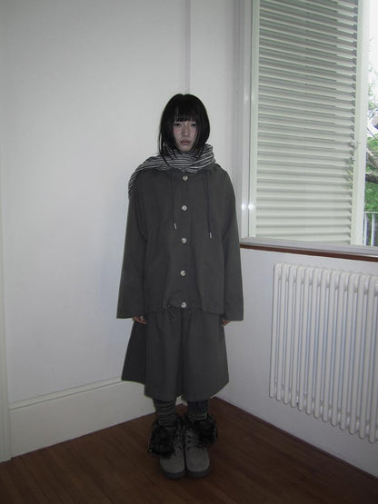 ang project Vintage Solid Hooded Button Drawstring Loose Women&