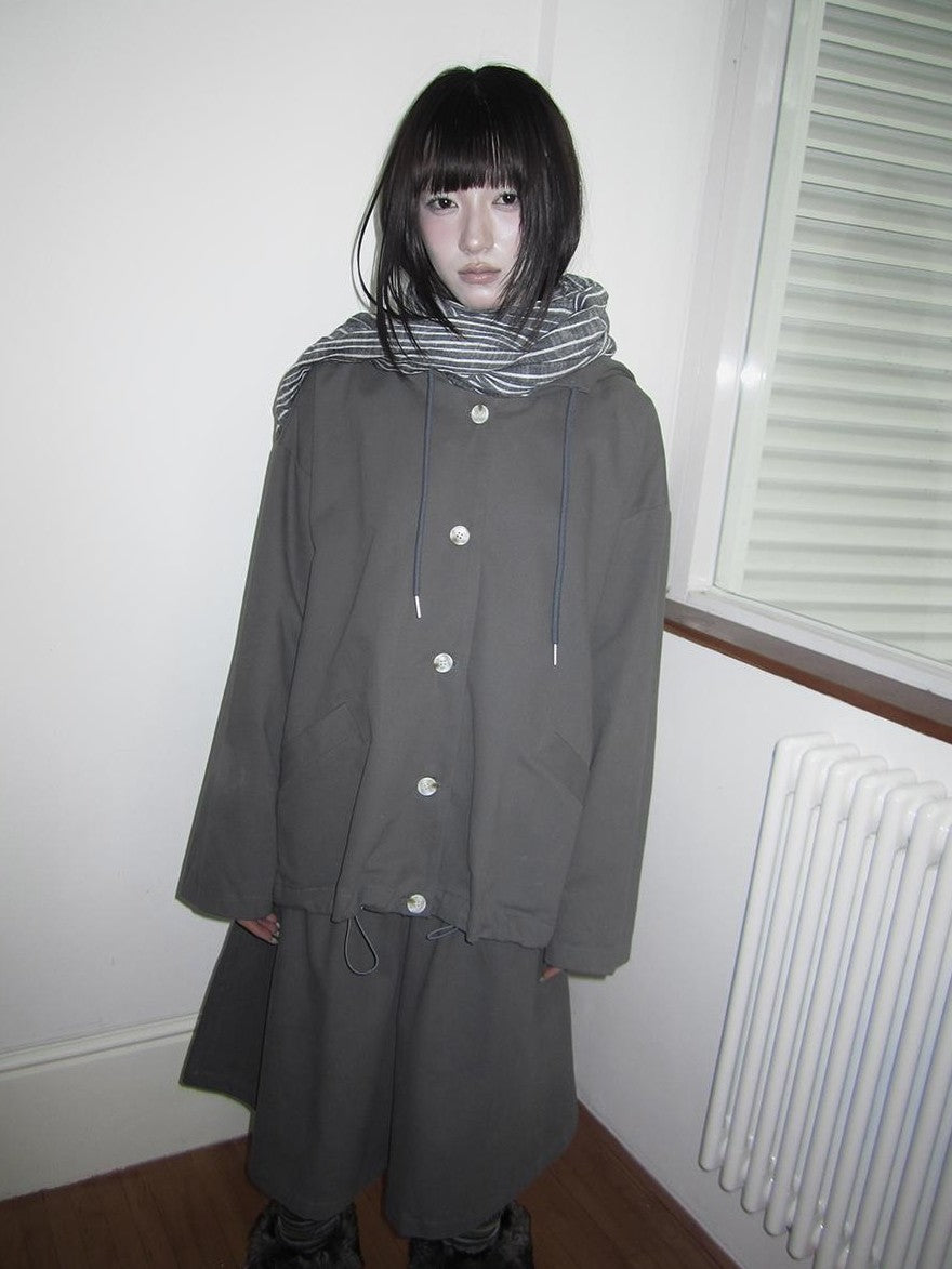 ang project Vintage Solid Hooded Button Drawstring Loose Women&