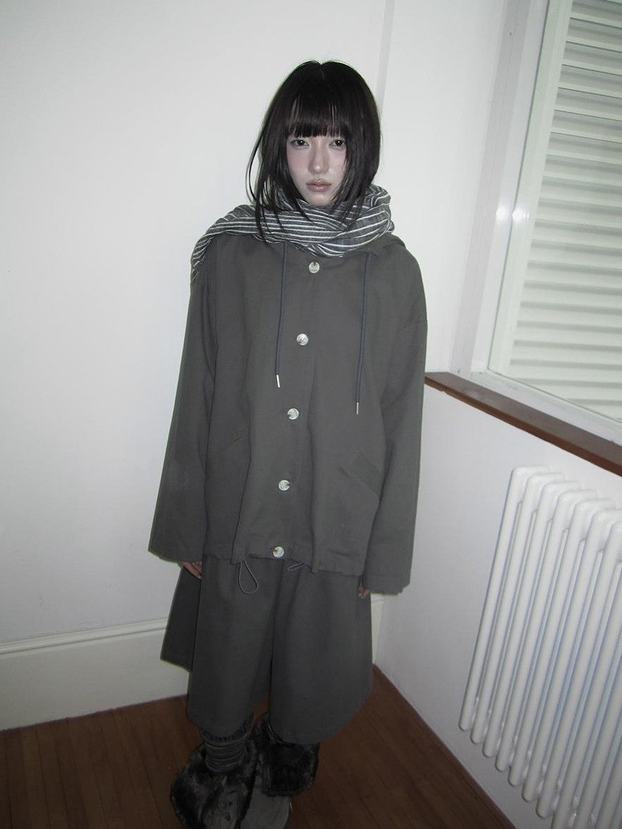 ang project Vintage Solid Hooded Button Drawstring Loose Women&
