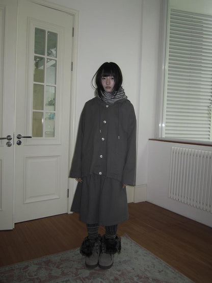 ang project Vintage Solid Hooded Button Drawstring Loose Women&