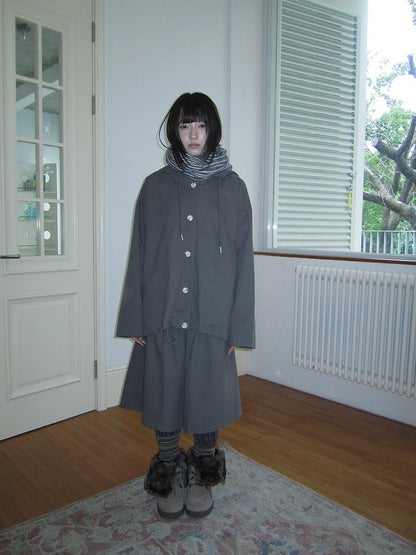ang project Vintage Solid Hooded Button Drawstring Loose Women&