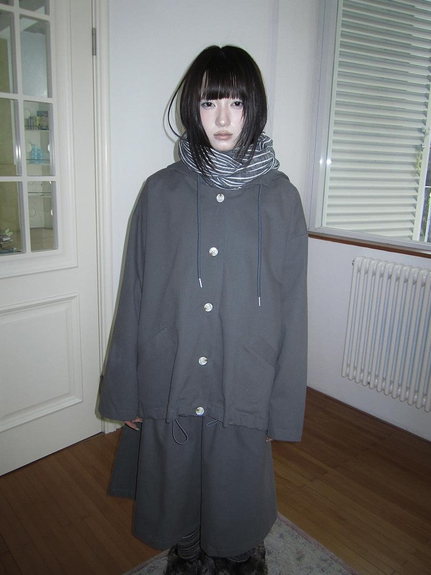 ang project Vintage Solid Hooded Button Drawstring Loose Women&